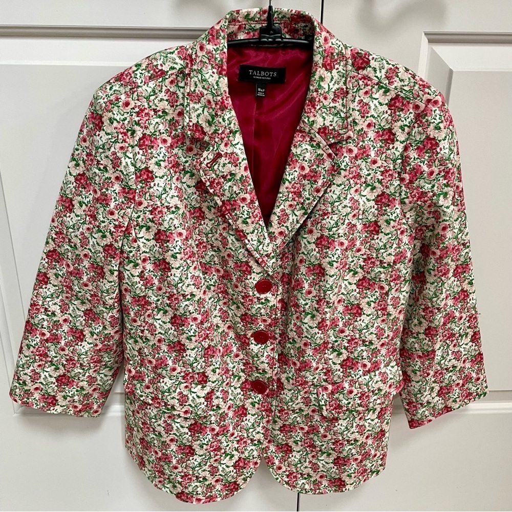 Talbots Floral Grace Fitted Cotton Blend Lined Pockets Button Rose Blazer Jacket